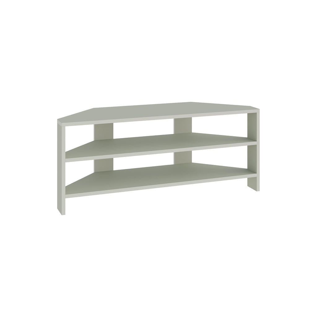 Light green corner TV stand with three open shelf levels