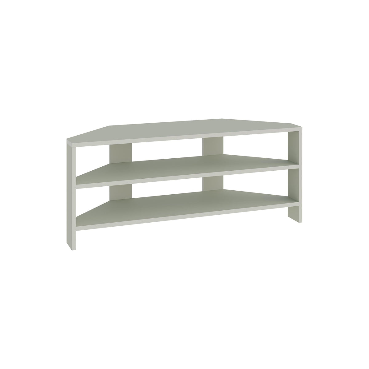 Light green corner TV stand with three open shelf levels