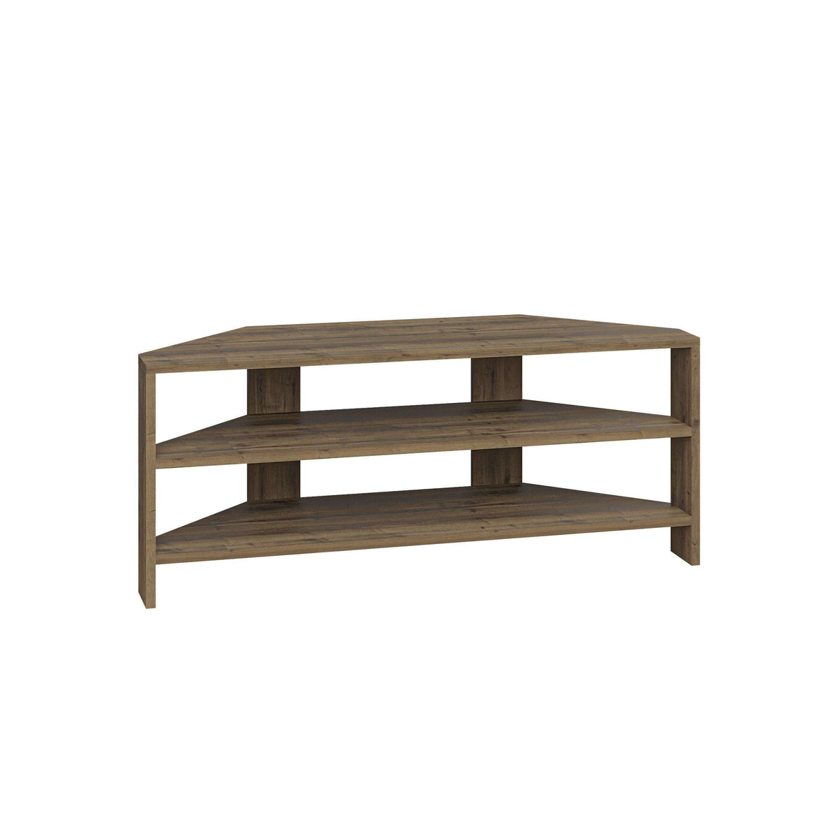 Wood corner TV stand with open shelves and low media cabinet, dark brown grain