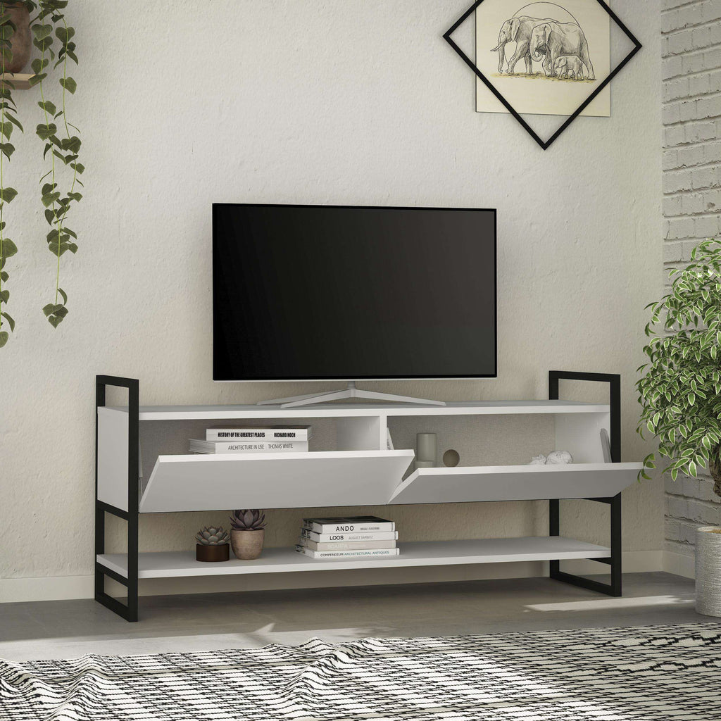 White TV stand with open middle shelves and side cabinets under a TV screen