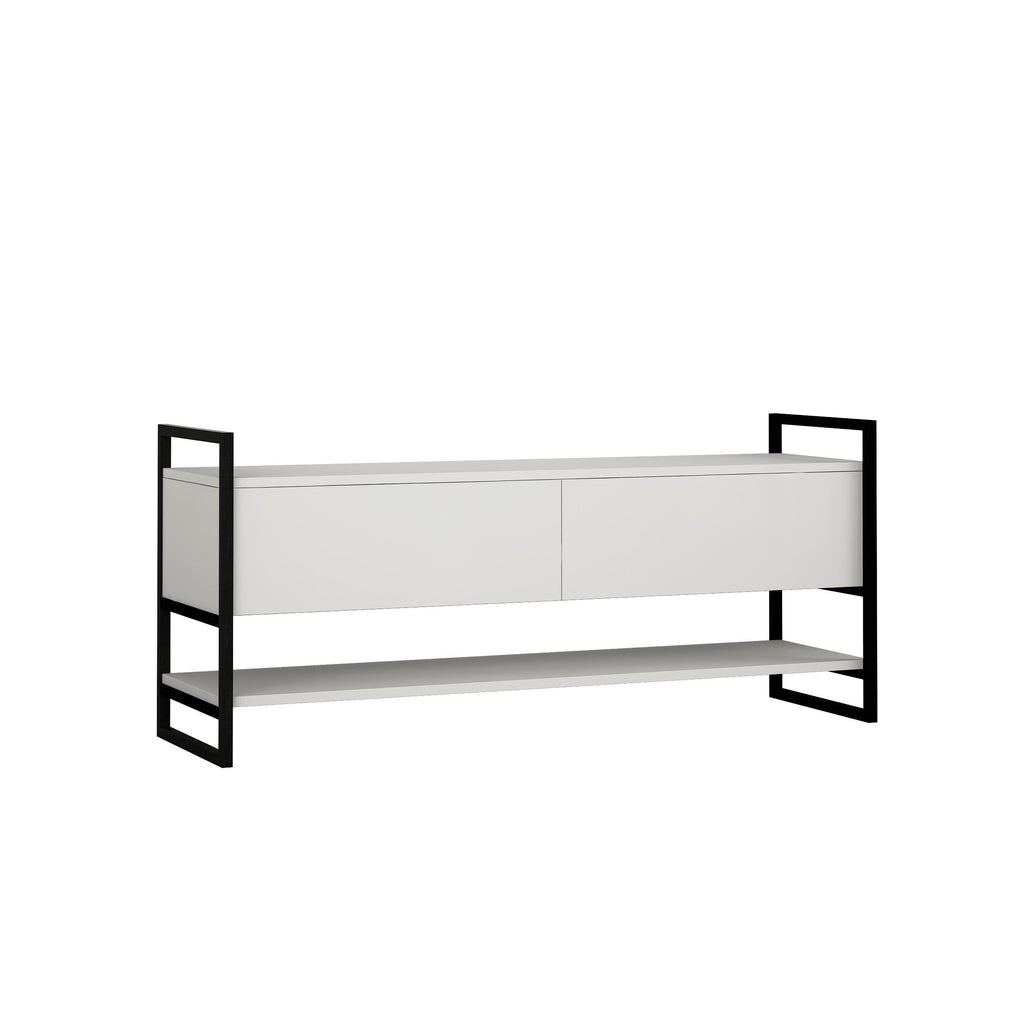 White TV stand with two doors and open shelving, black metal frame legs