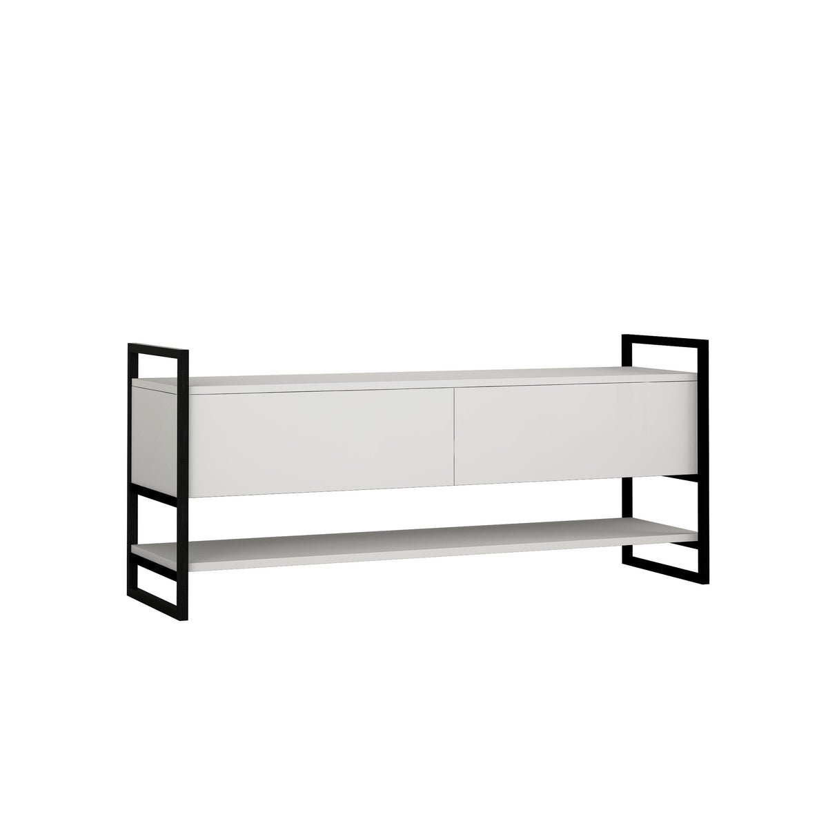 White TV stand with two doors and open shelving, black metal frame legs