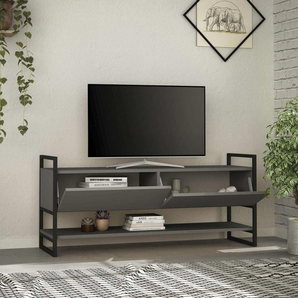 Anthracite TV stand with open shelves and cabinet doors, ready for flat-screen TV