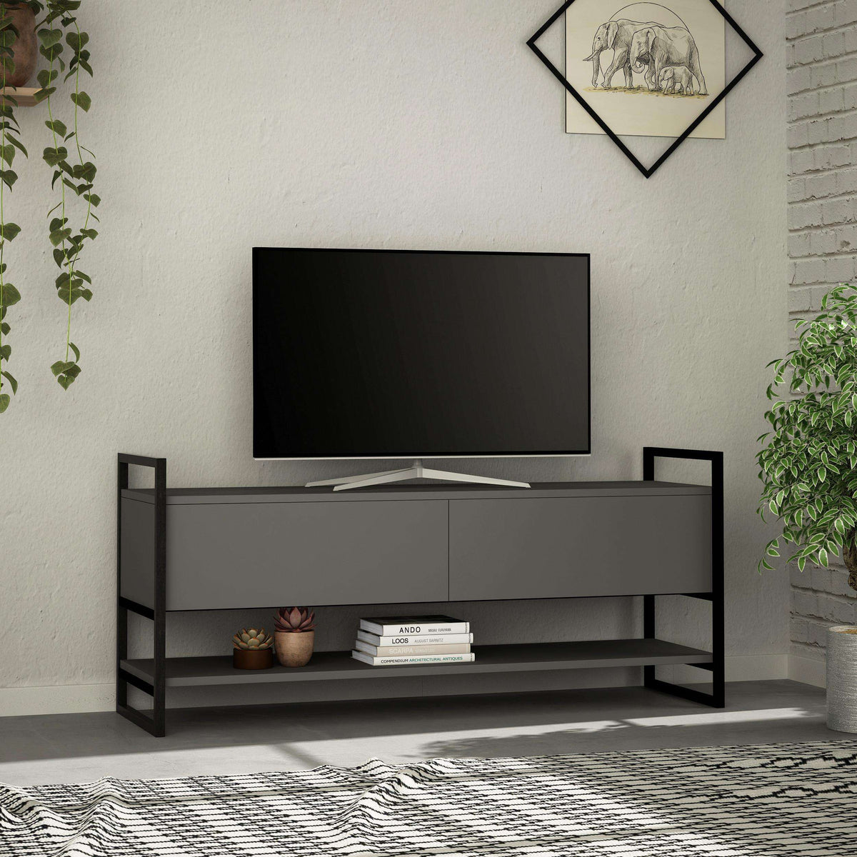Anthracite TV stand with open shelves and two cabinet doors under a flat-screen TV