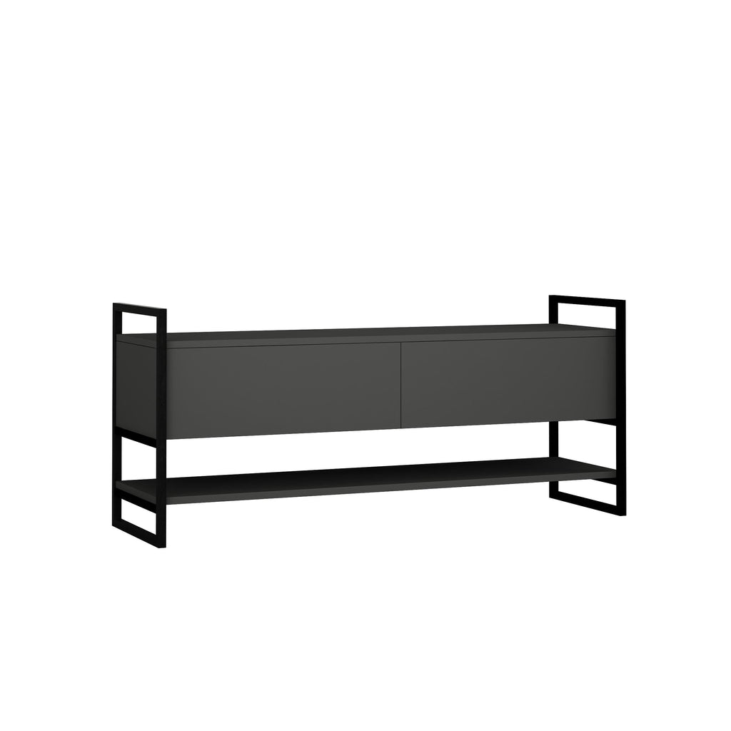 Modern TV stand in dark gray, two front drawers and open shelf compartments