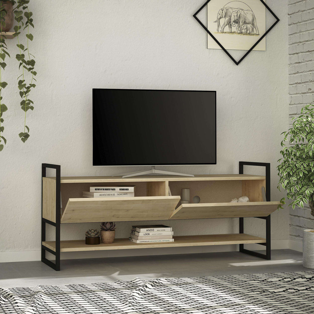 Modern TV stand with open shelves and drawer doors; light wood finish, dark frame.