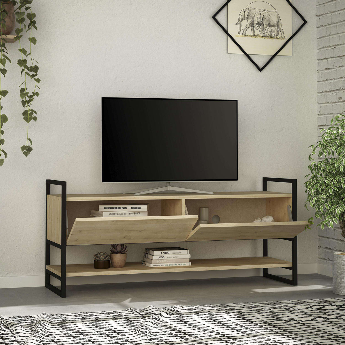 Modern TV stand with open shelves and drawer doors; light wood finish, dark frame.