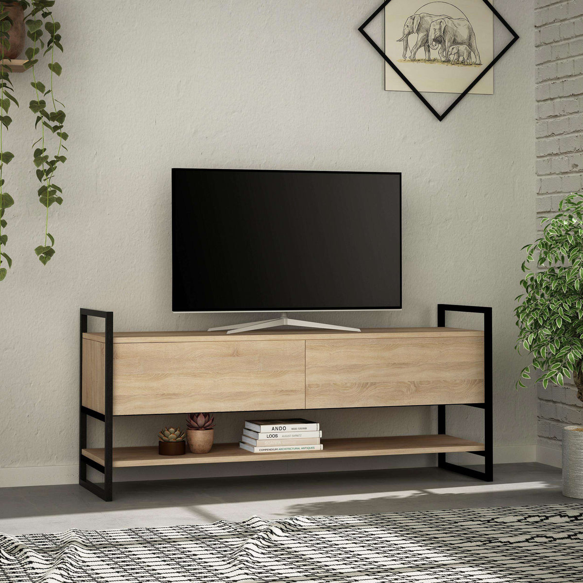 Oak-look TV stand with open shelves and two drawer doors; dark metal side frames.