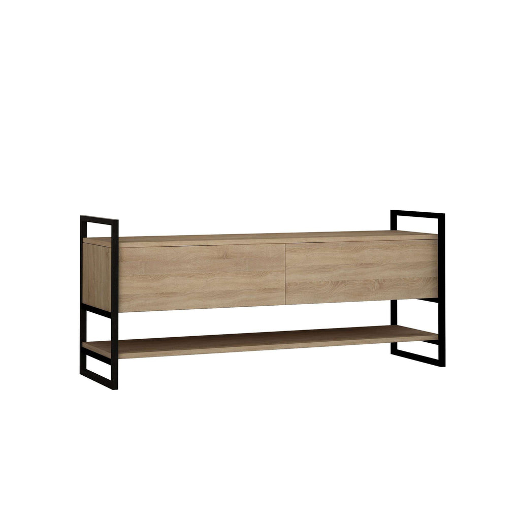 Oak-look TV stand with two doors, open shelves, and dark metal side frames.