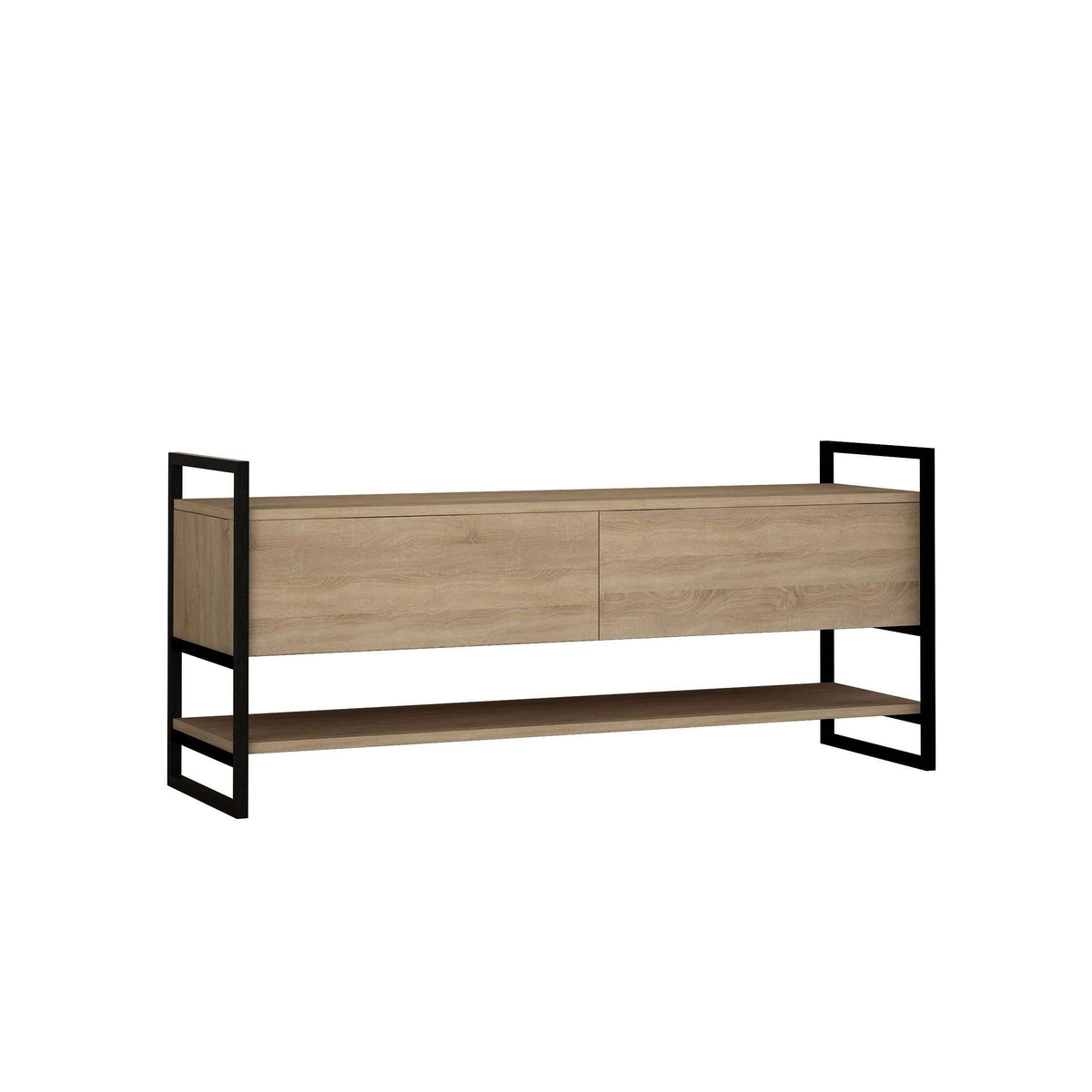 Oak-look TV stand with two doors, open shelves, and dark metal side frames.