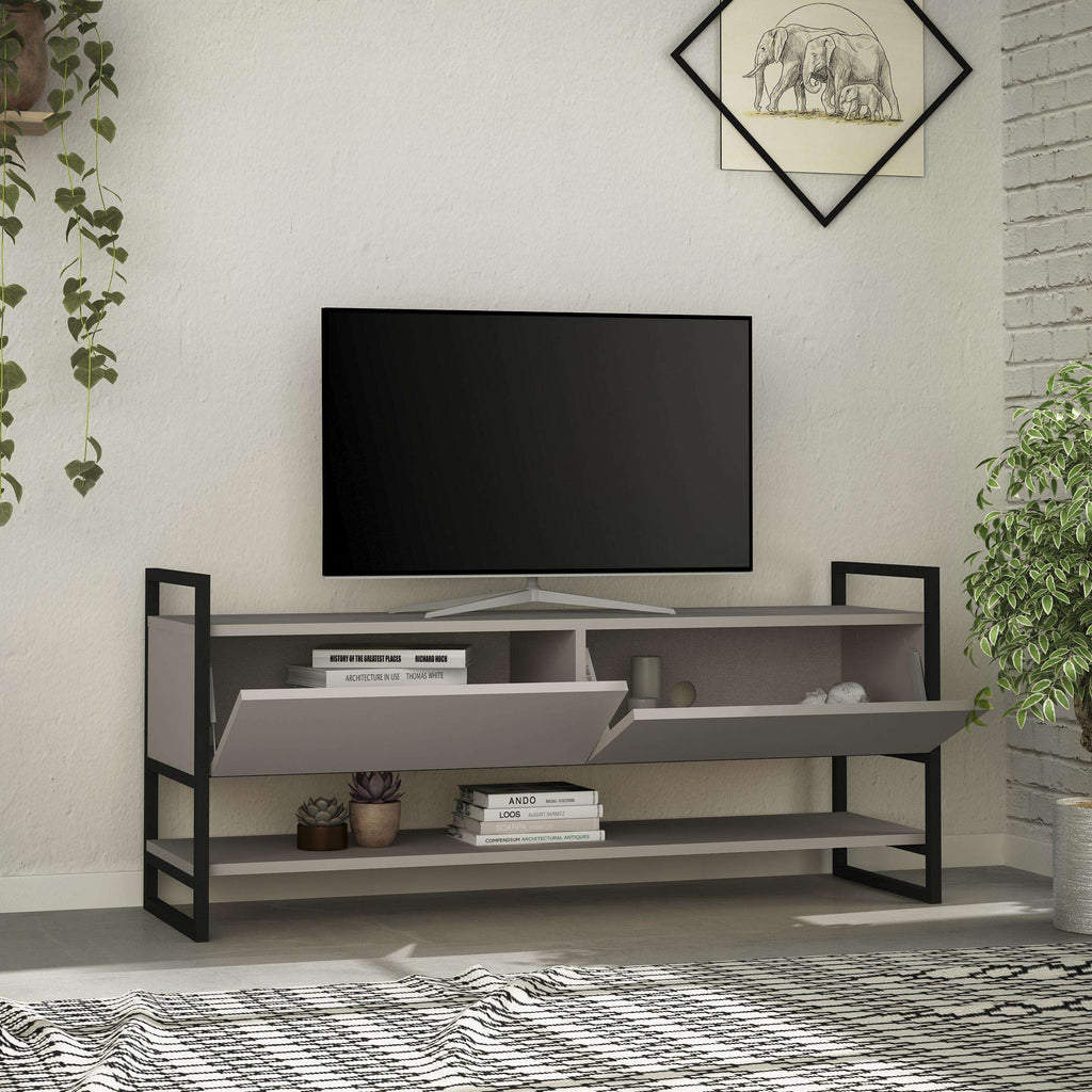 Modern TV stand with open shelves and cable-ready center; light gray finish, dark frame.