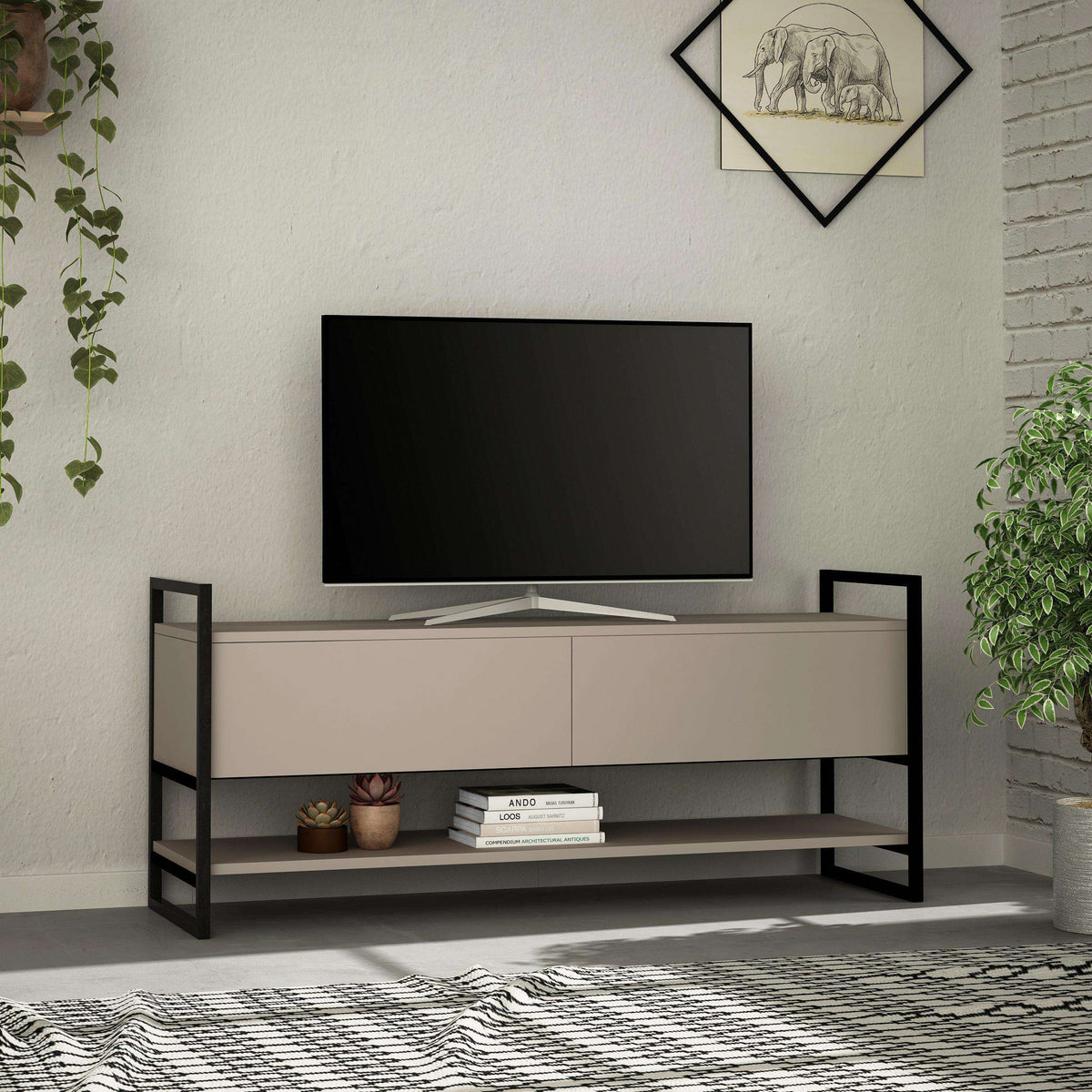 White TV stand with open shelves and cabinet doors, TV screen centered above