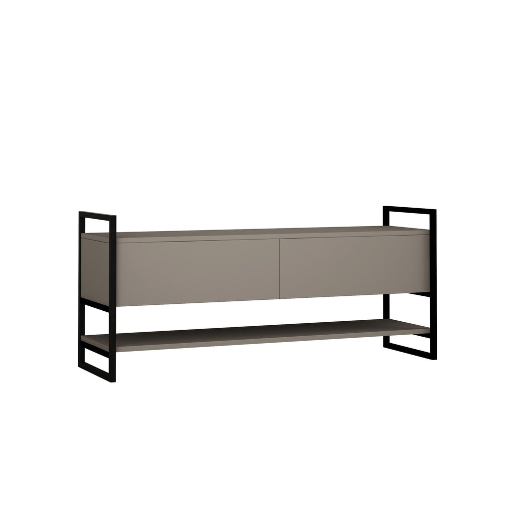 Anthracite TV stand with two doors, open shelves, and dark metal frame legs