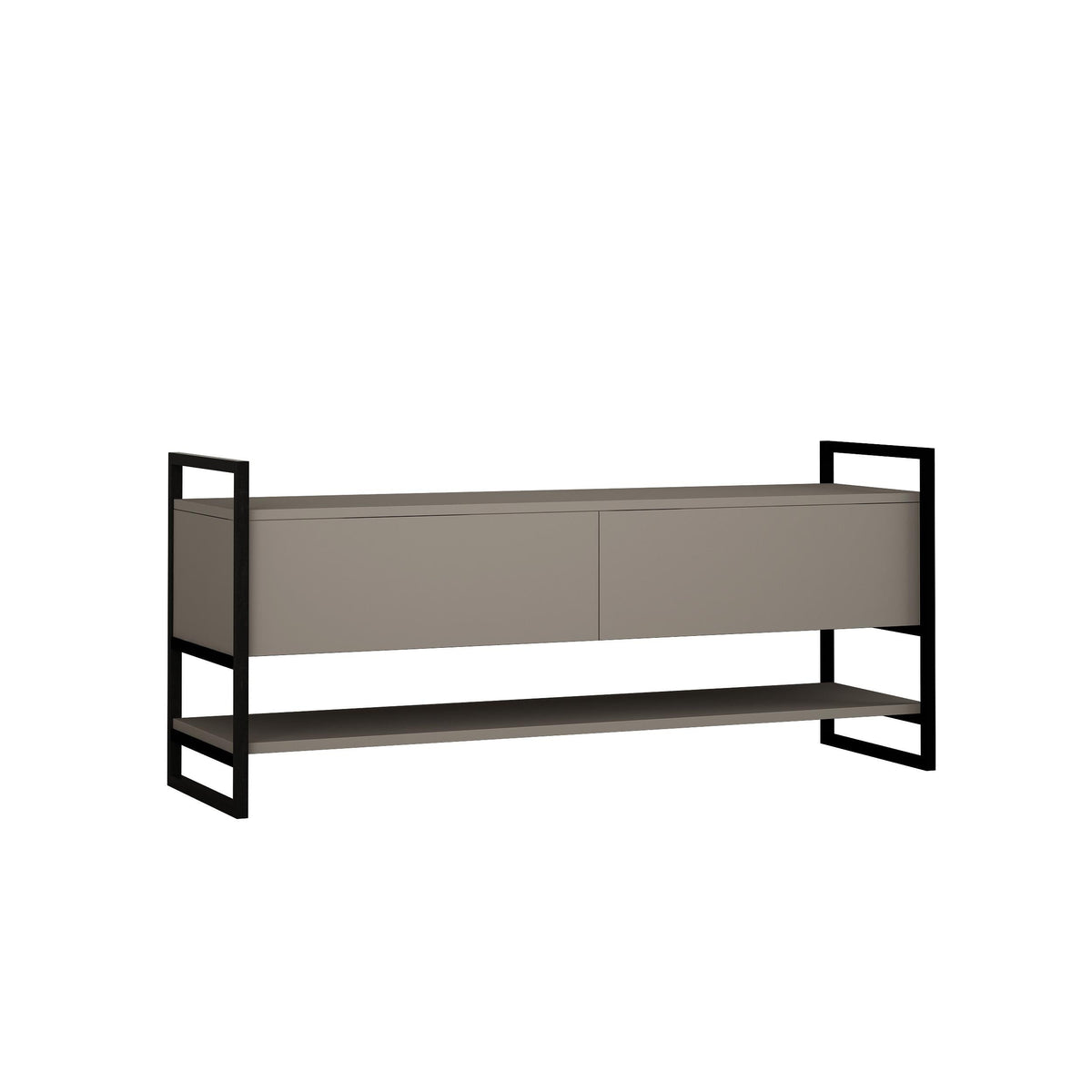 Anthracite TV stand with two doors, open shelves, and dark metal frame legs