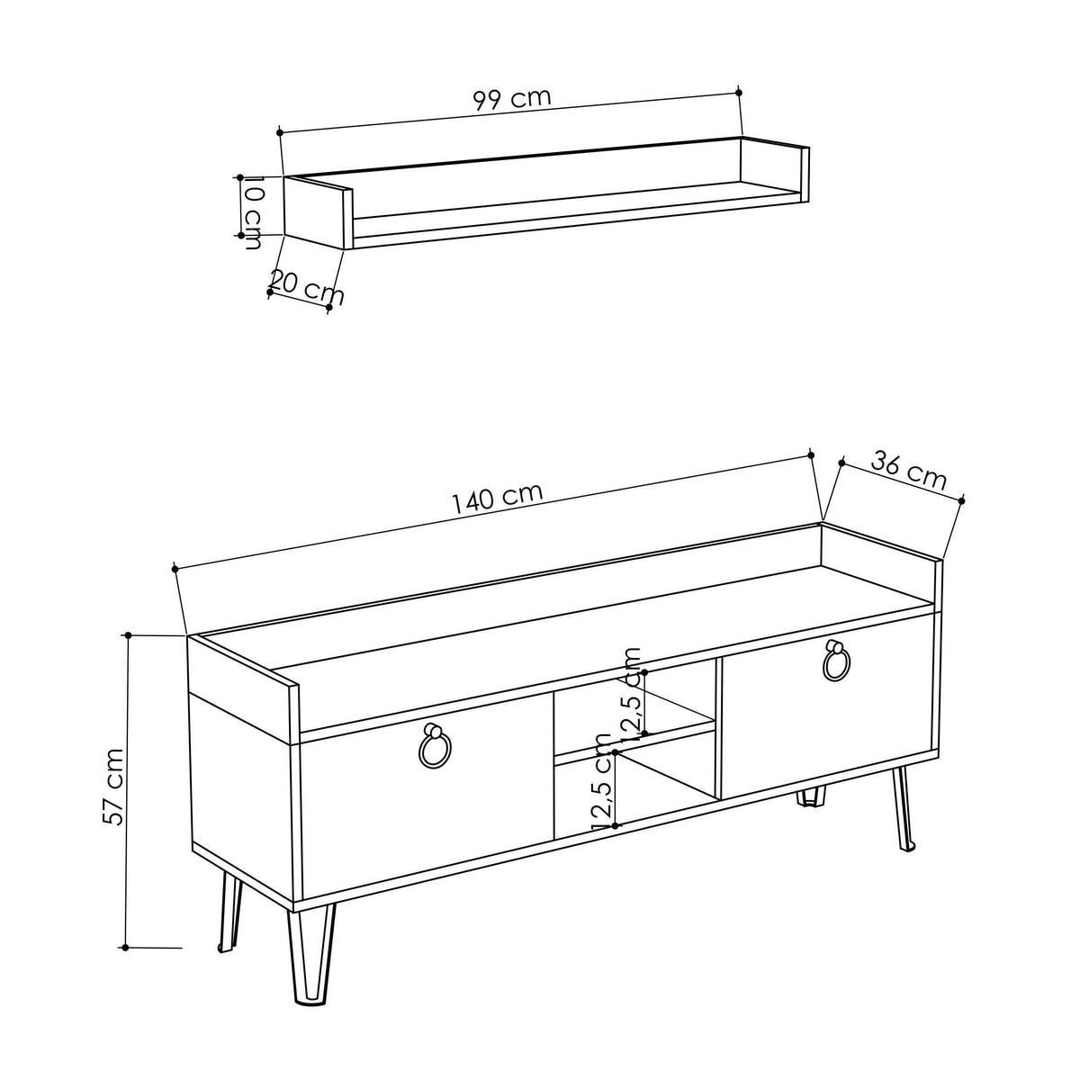 140cm TV stand design view with wall shelf and cabinets, showing overall dimensions