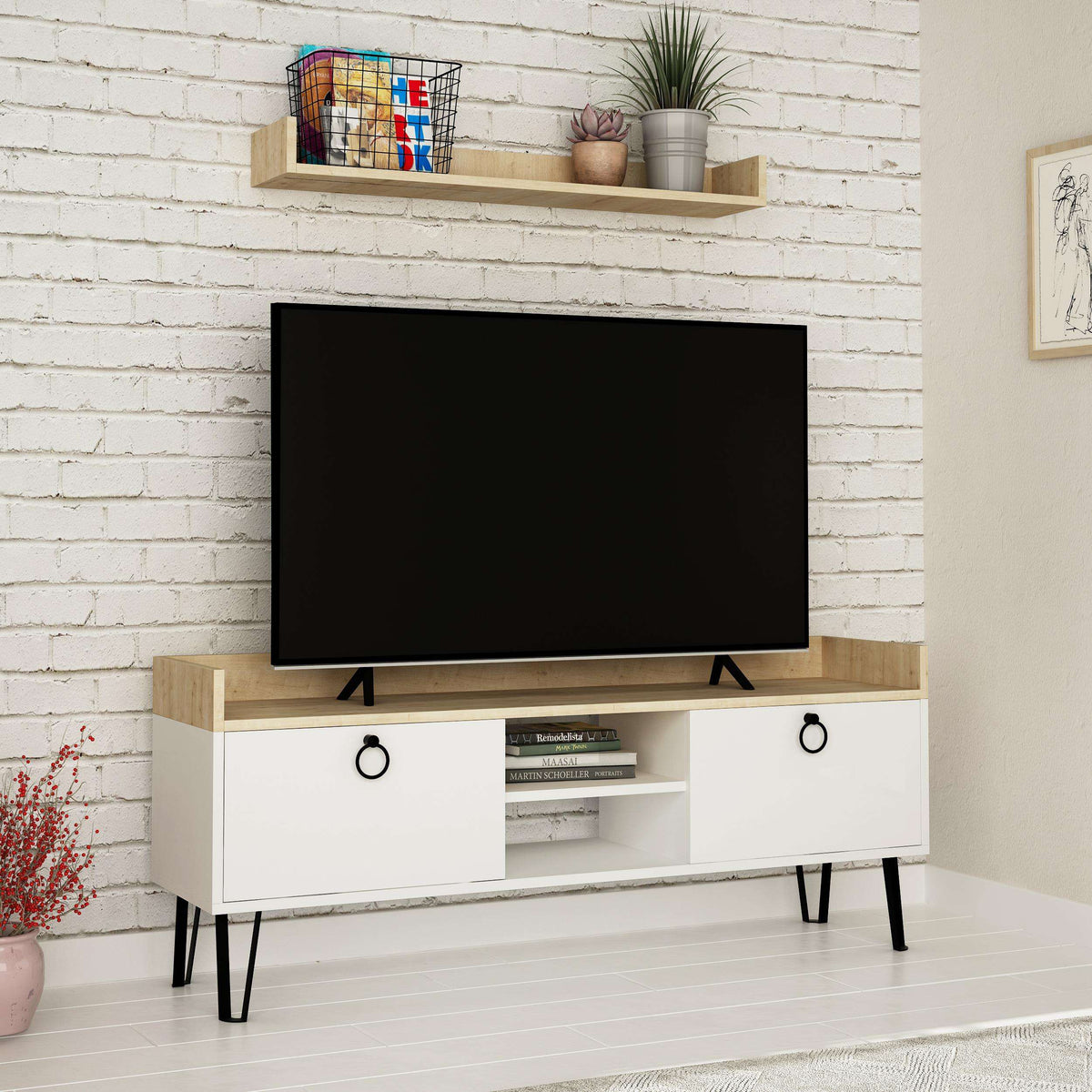 White and light oak modern TV stand with wall shelf, two door cabinets and open center