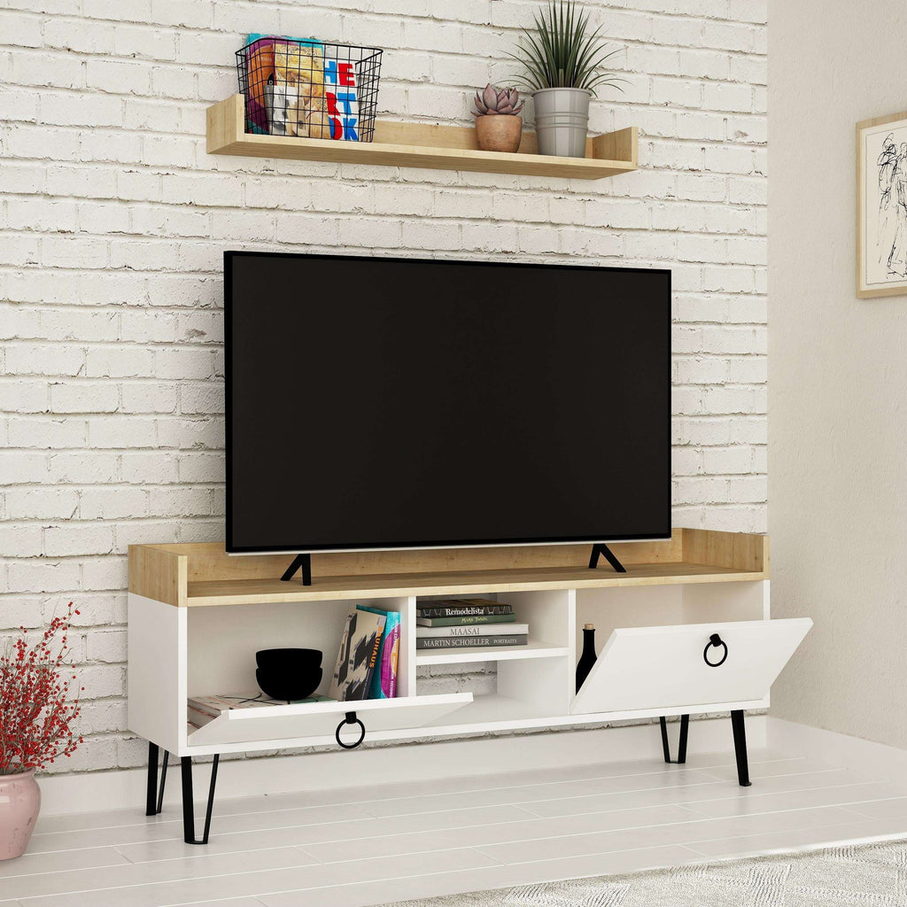 Modern TV stand with wall shelf, light oak top, white drawers and open media shelves