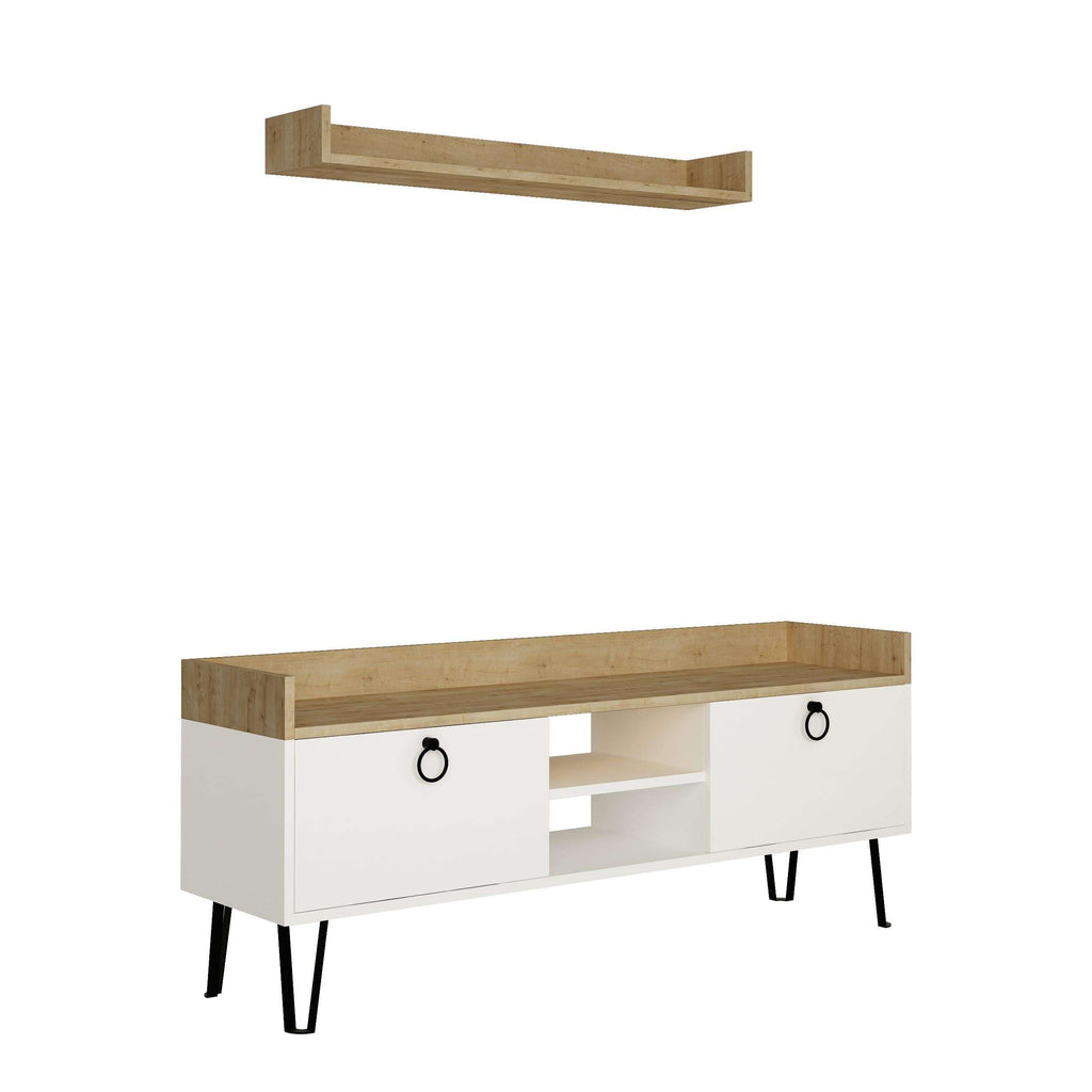 Modern TV stand with wall shelf, light oak top, white doors, black metal legs.