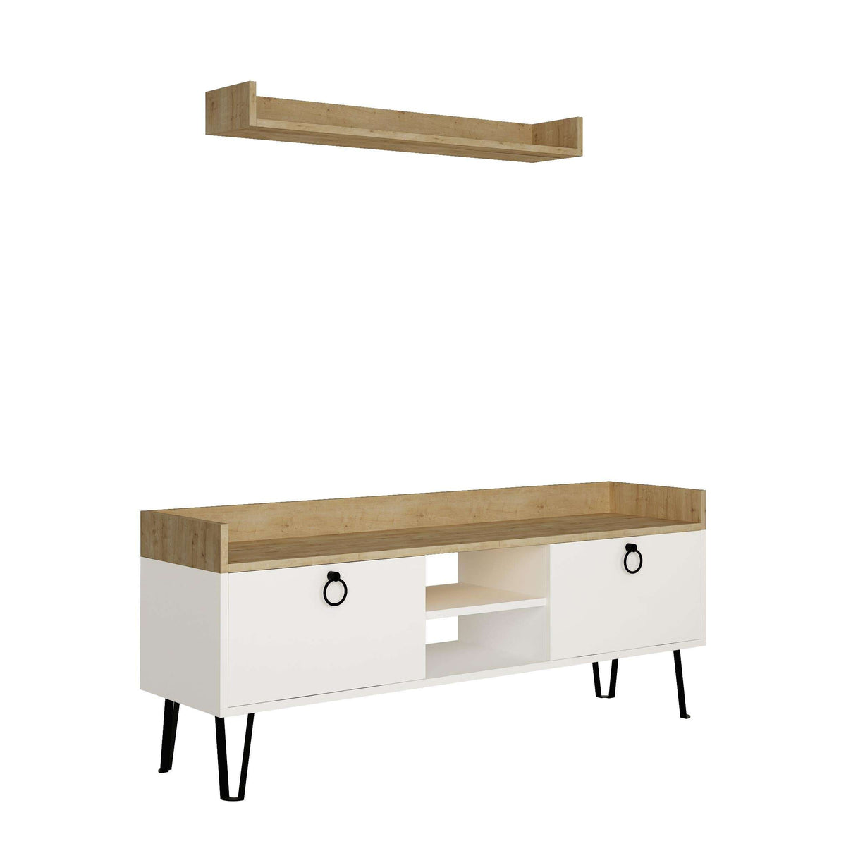 Modern TV stand with wall shelf, light oak top, white doors, black metal legs.