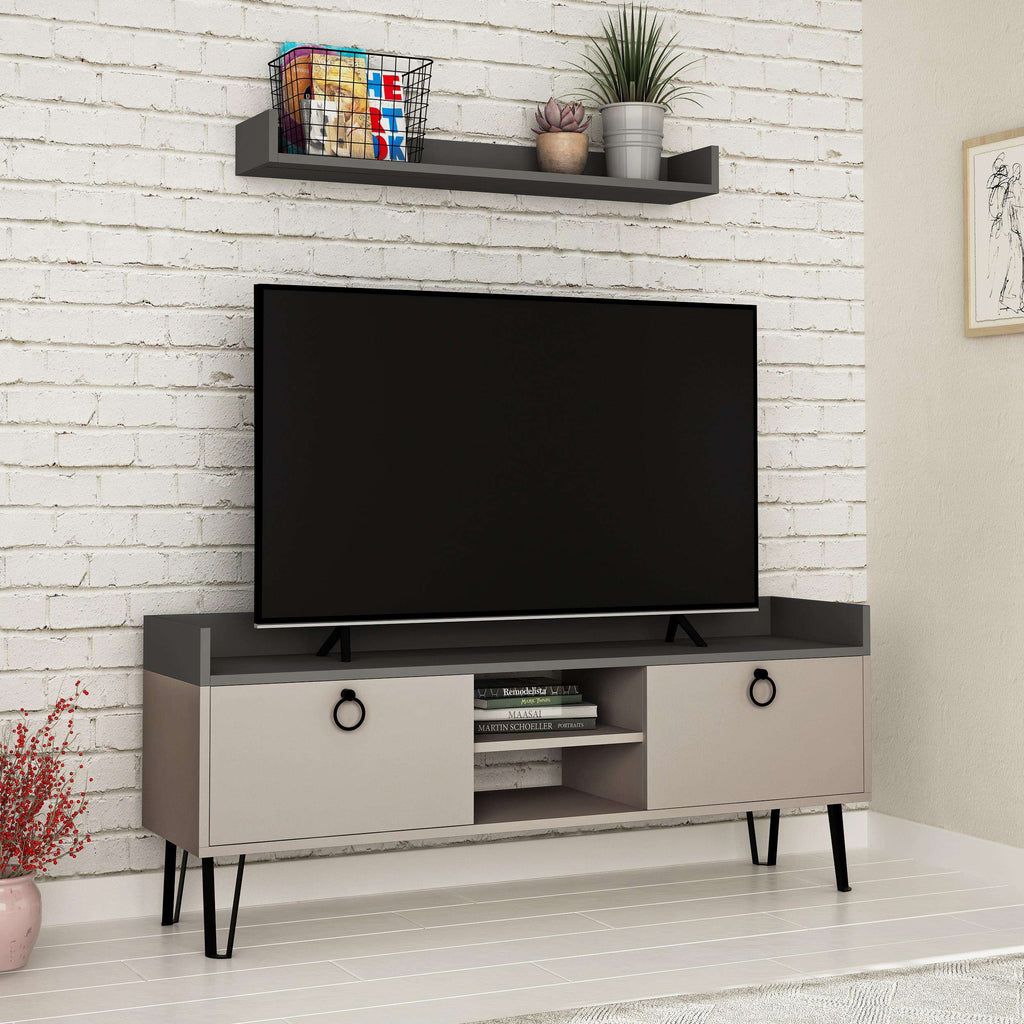 Modern TV stand with wall shelf, open shelves and light mocha doors, anthracite panel