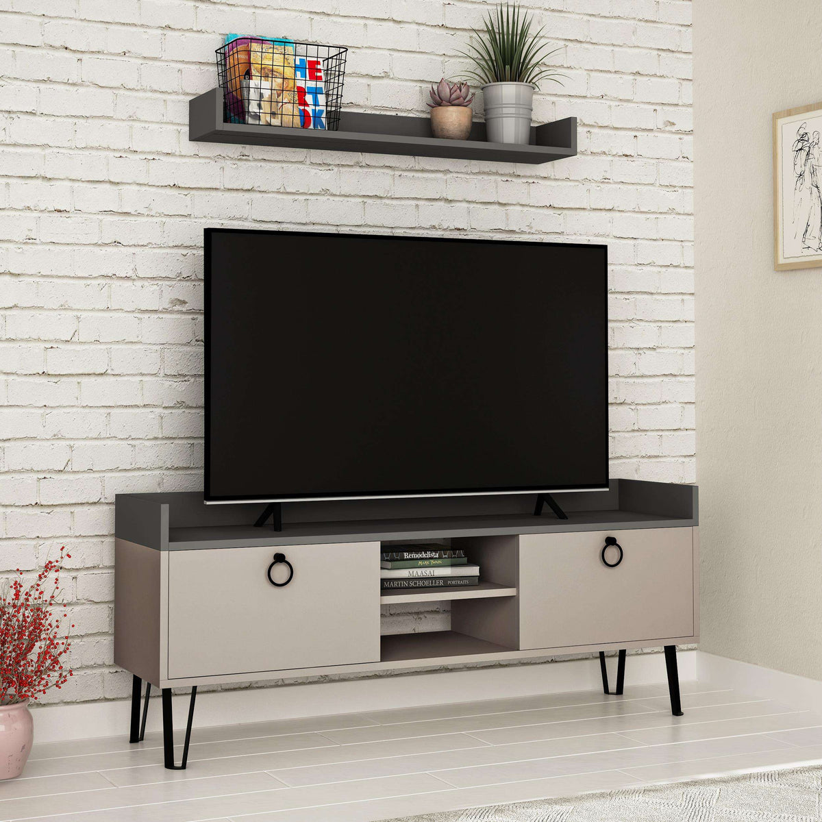Modern TV stand with wall shelf, open shelves and light mocha doors, anthracite panel