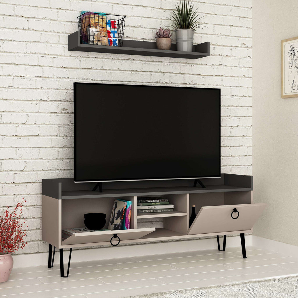 Modern TV stand with wall shelf, open center shelves, anthracite and light mocha