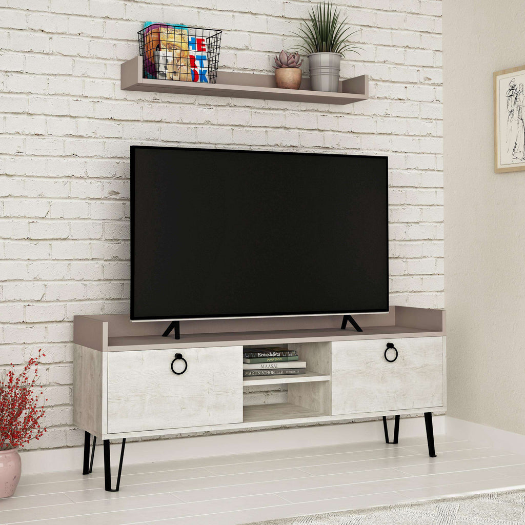 Modern TV stand with wall shelf, white cabinet fronts and open media shelves, light mocha top