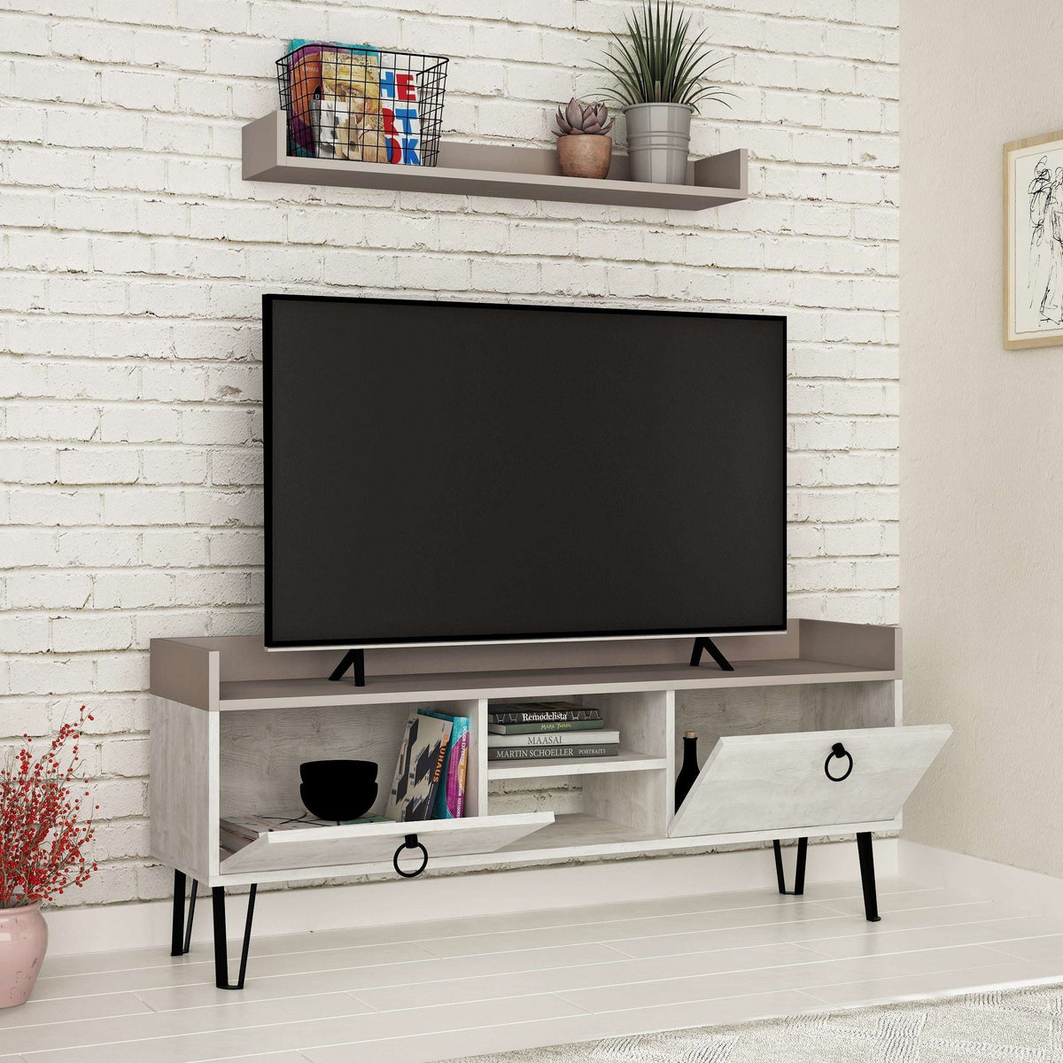 Light mocha and white modern TV stand with wall shelf, open shelves and drawer cabinet