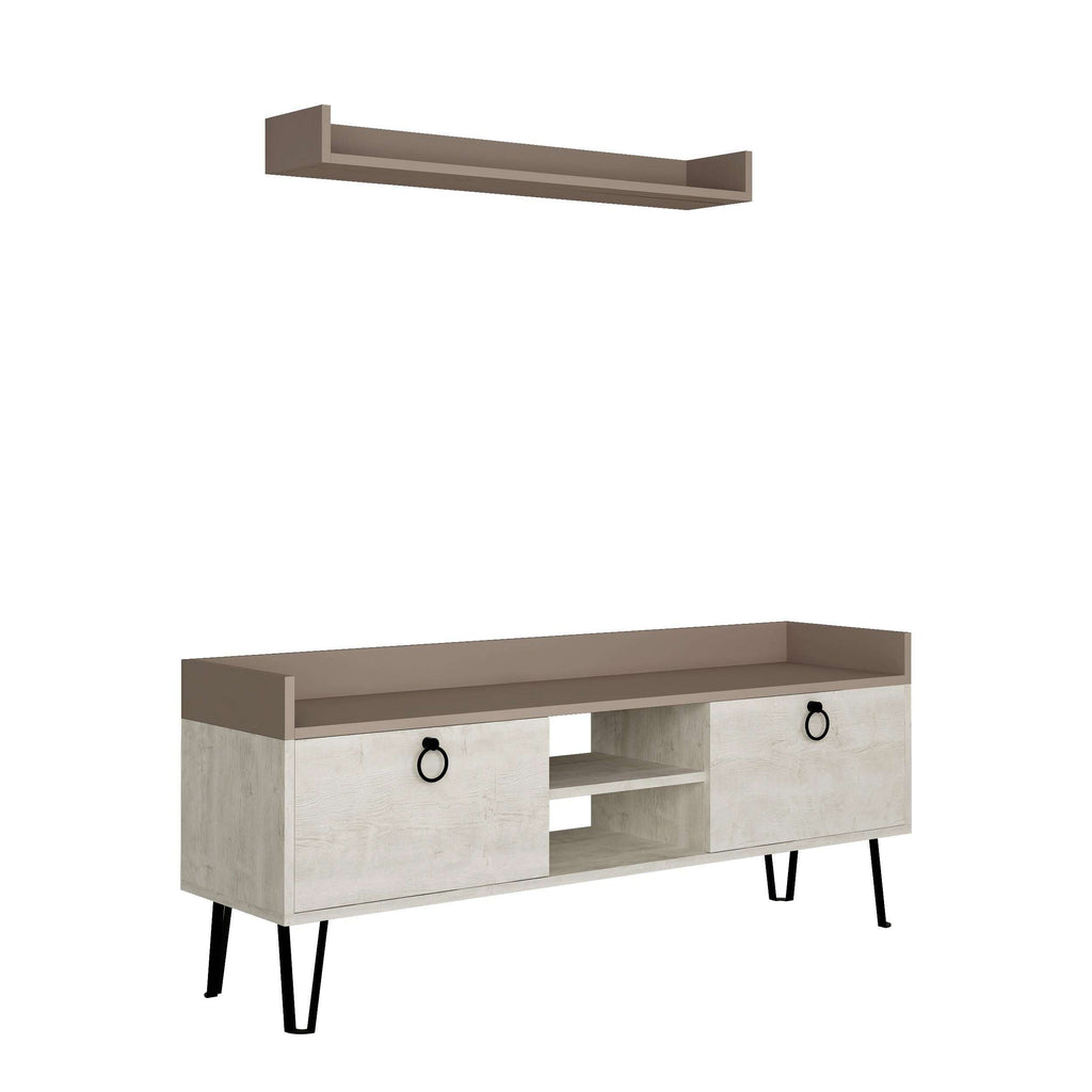 Light mocha TV stand with wall shelf, open center compartment and side drawers