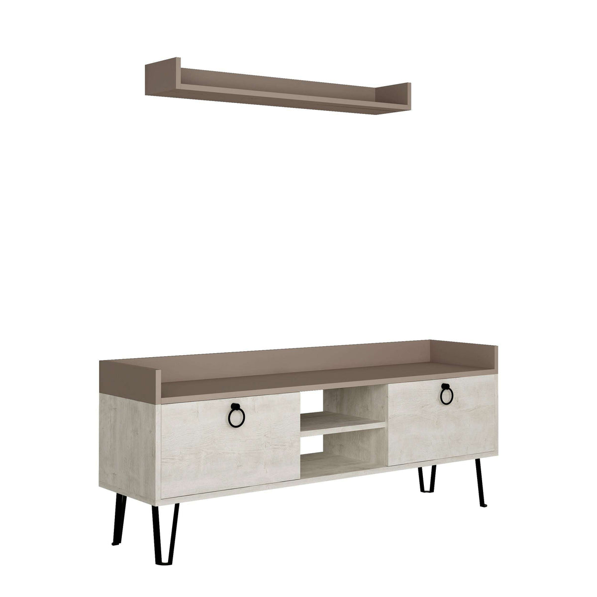 Light mocha TV stand with wall shelf, open center compartment and side drawers