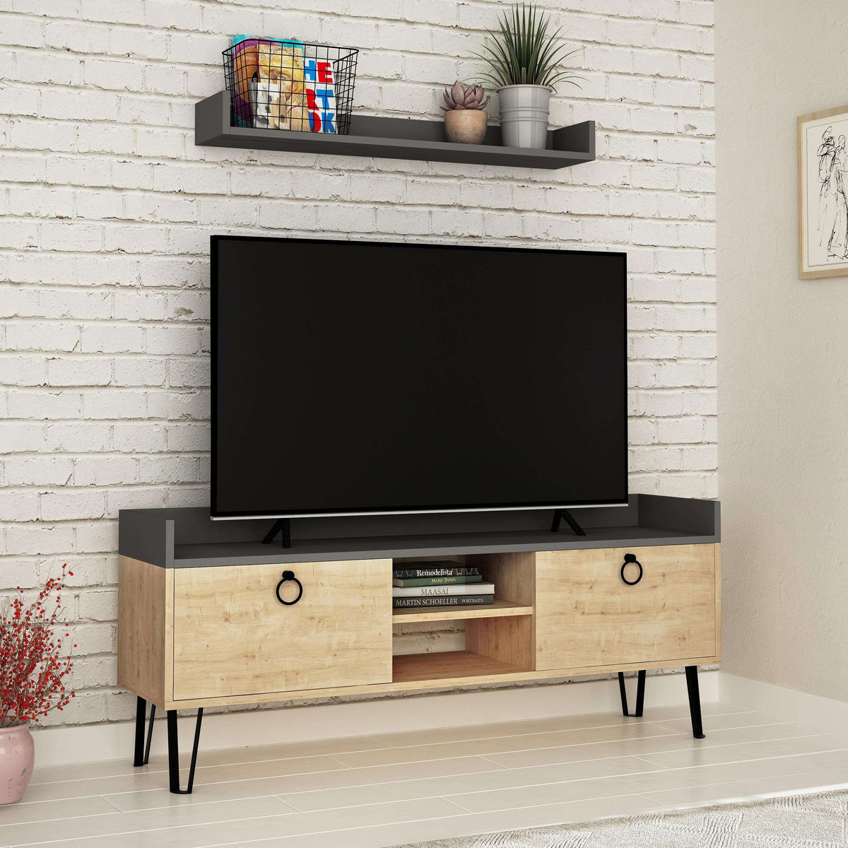 TV stand with wall shelf, oak top and white doors, open media shelves, black legs.