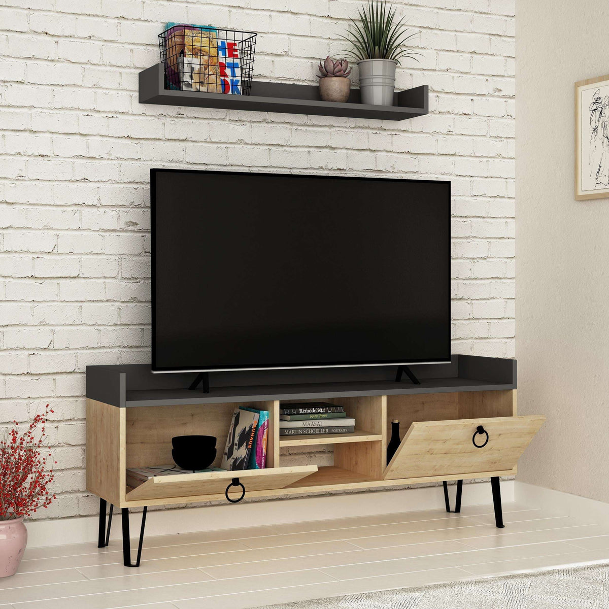 TV stand with wall shelf and open compartments, anthracite shelf, oak cabinet.