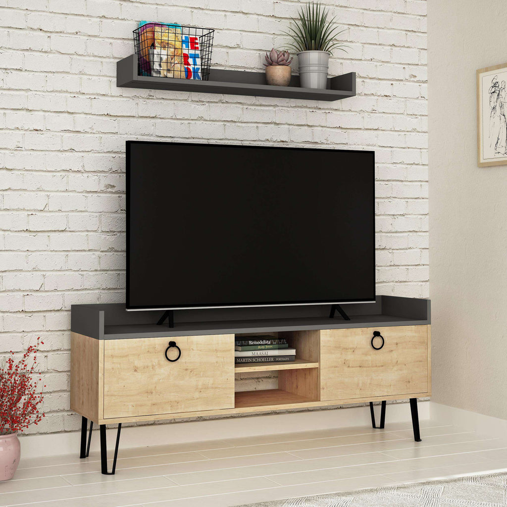 Modern TV stand with wall shelf, oak top and open shelves, anthracite backboard.