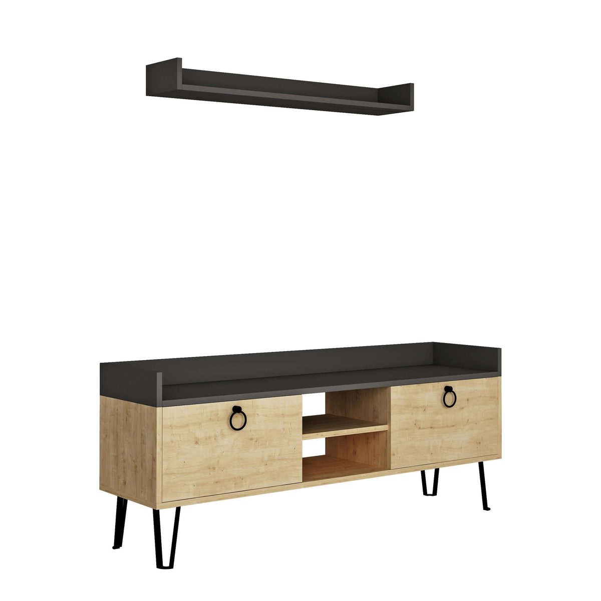 TV stand with wall shelf, anthracite back panel and shelf, oak cabinet, black legs.