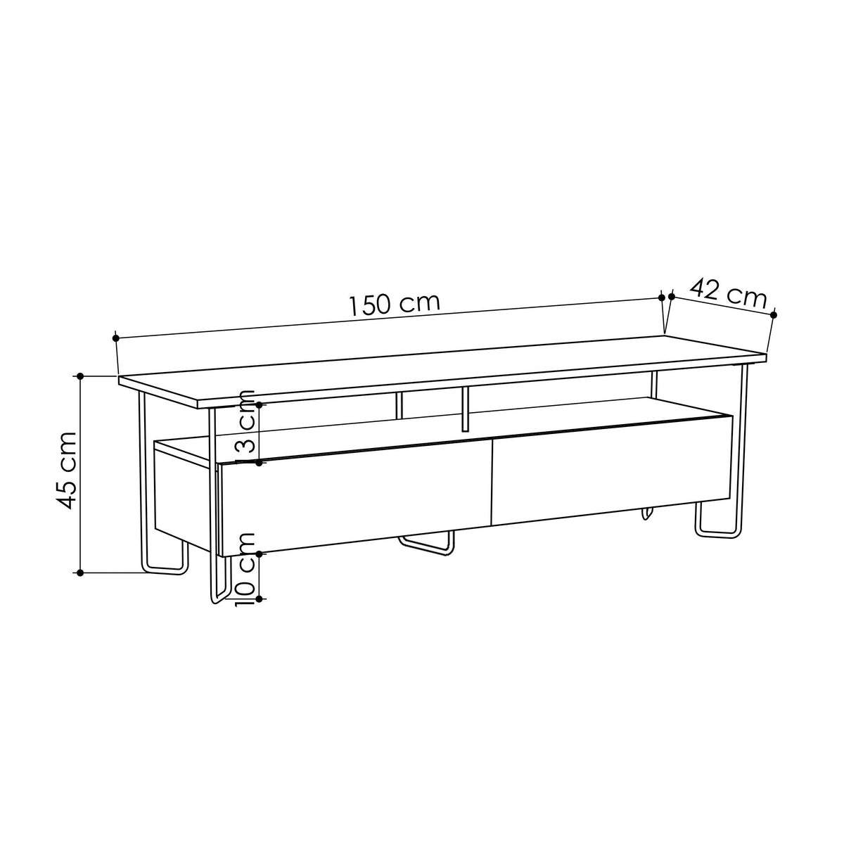 150 cm TV unit dimensions for storage cabinet: 45 cm high, 42 cm deep