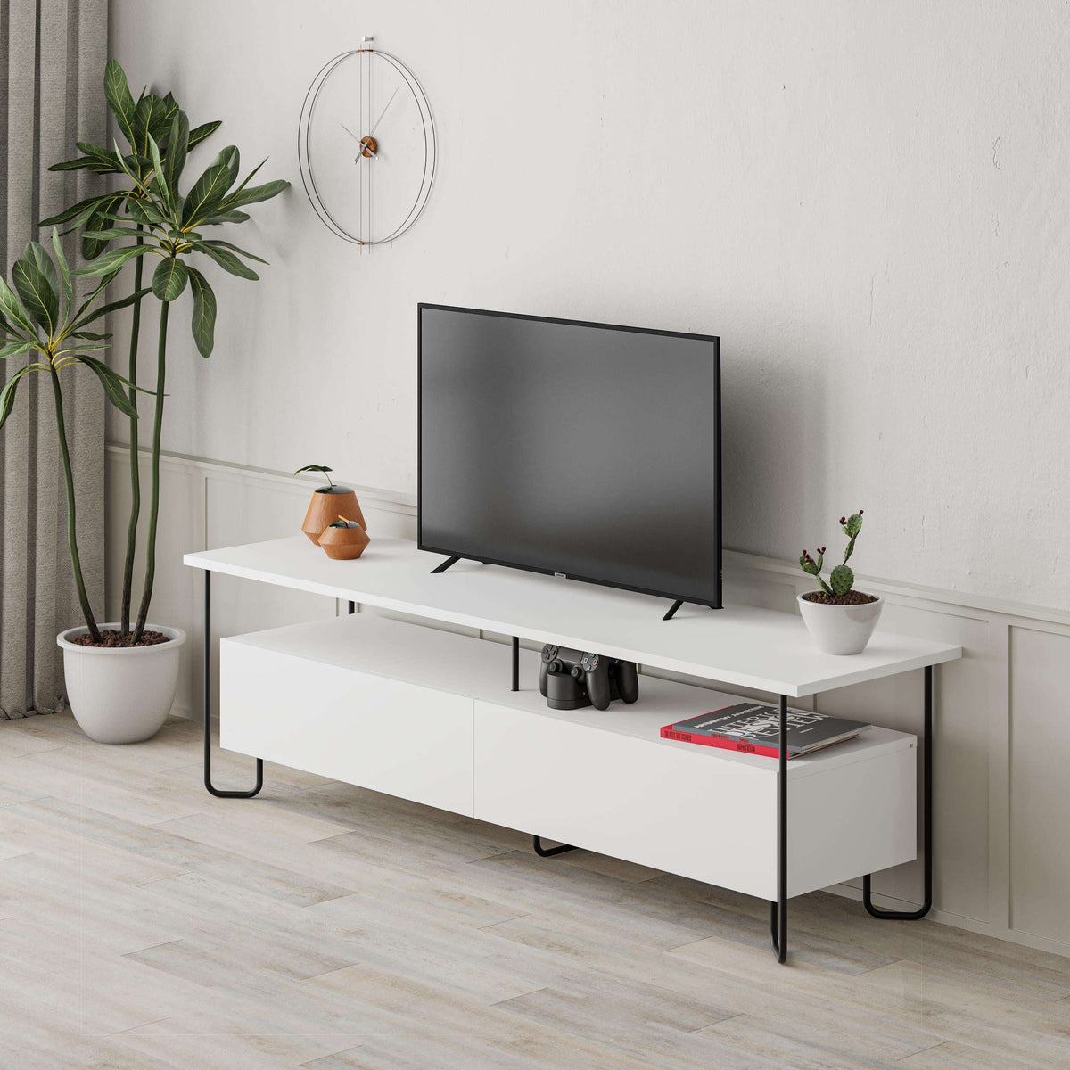 White TV console with open media shelf and two side storage compartments, metal legs