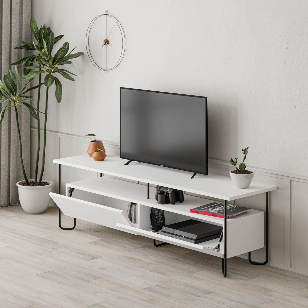 White modern TV unit with media shelf, storage compartments, and metal tube legs