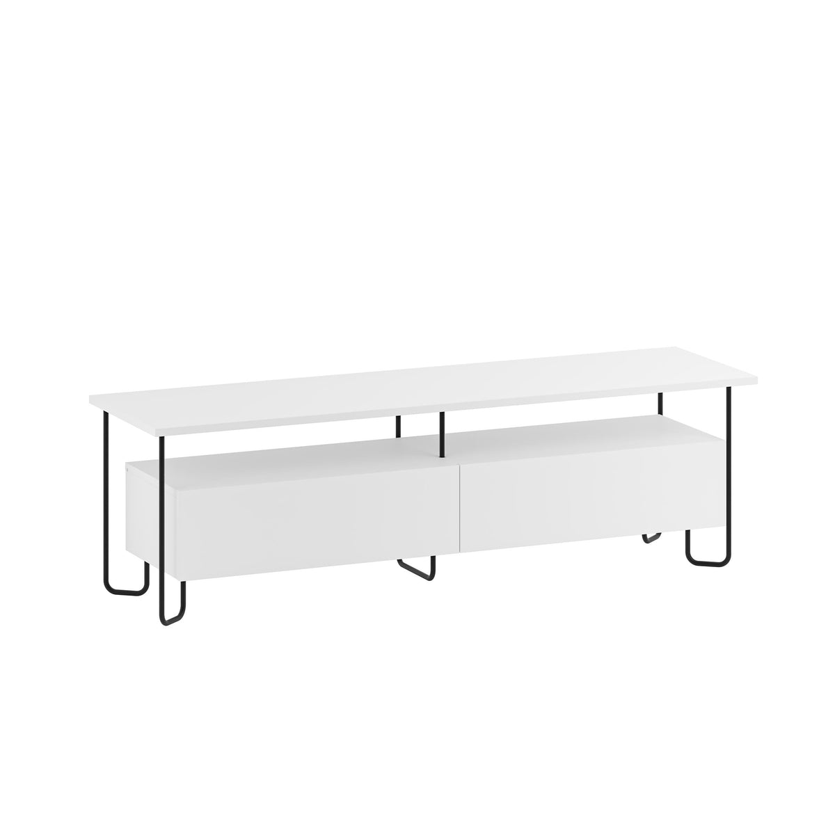 White modern TV stand with storage cabinets and open shelf beneath