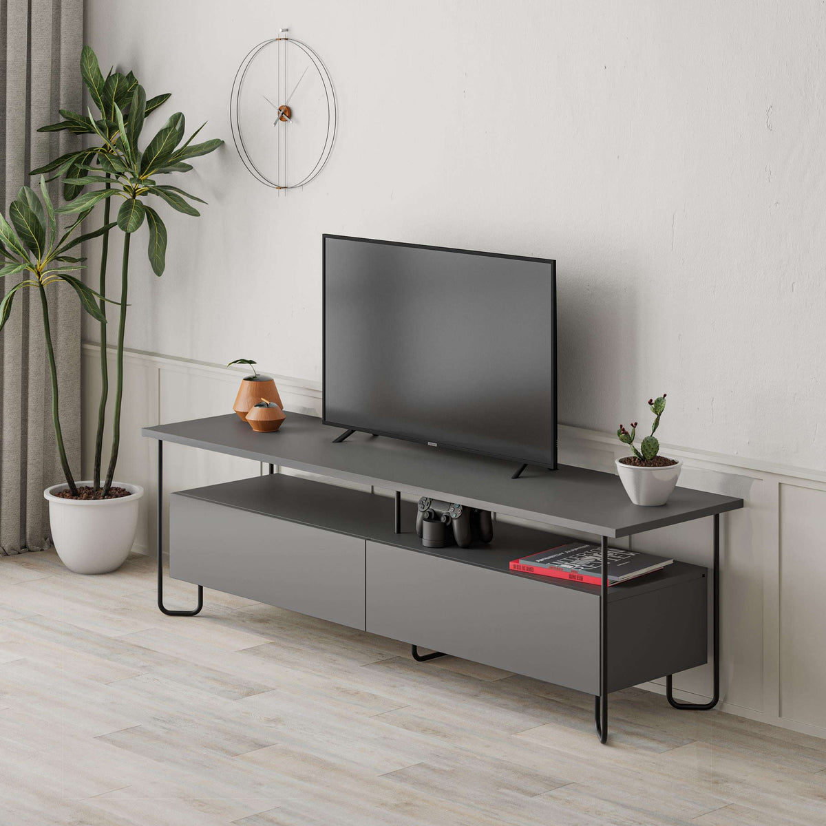 Modern TV unit with storage cabinet, dark gray/anthracite finish and open media shelf
