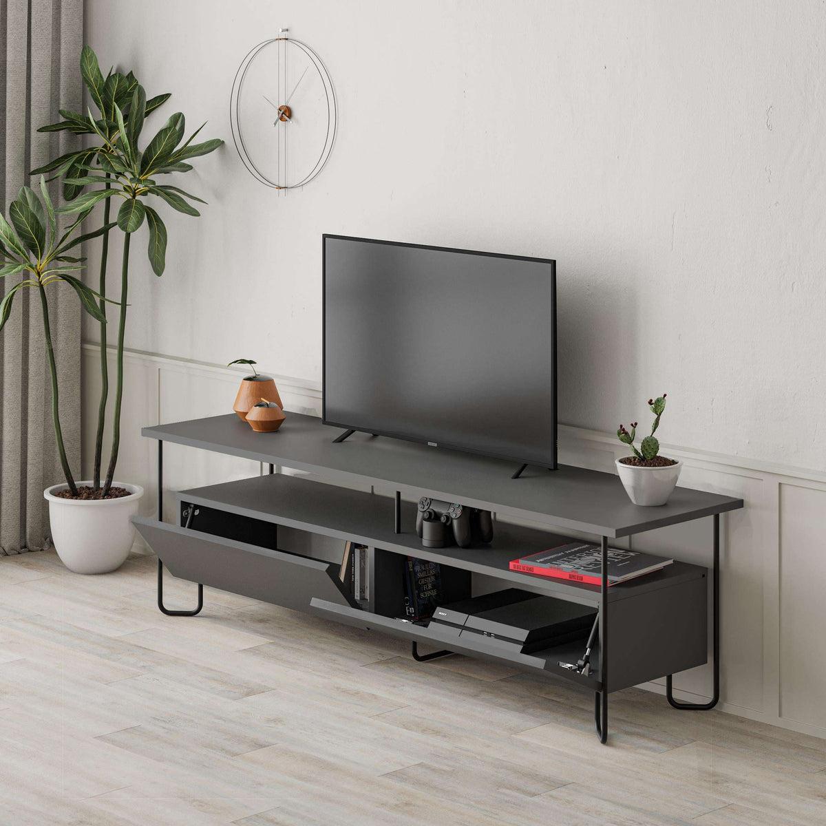 Modern TV unit with storage cabinet, grey finish, open drawers, media shelf and side cabinets