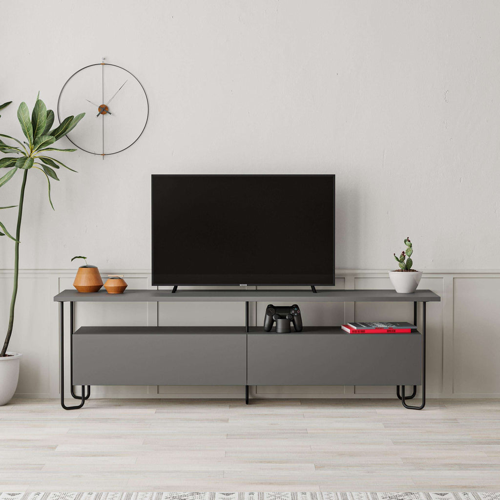 Modern TV unit with storage cabinet, black top and grey base, open shelf under the TV