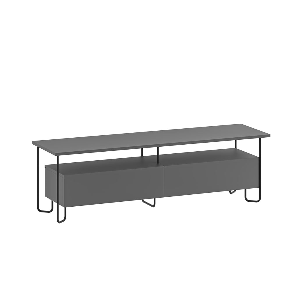 Modern TV unit with storage cabinet in anthracite, flat top, two drawer fronts, metal legs