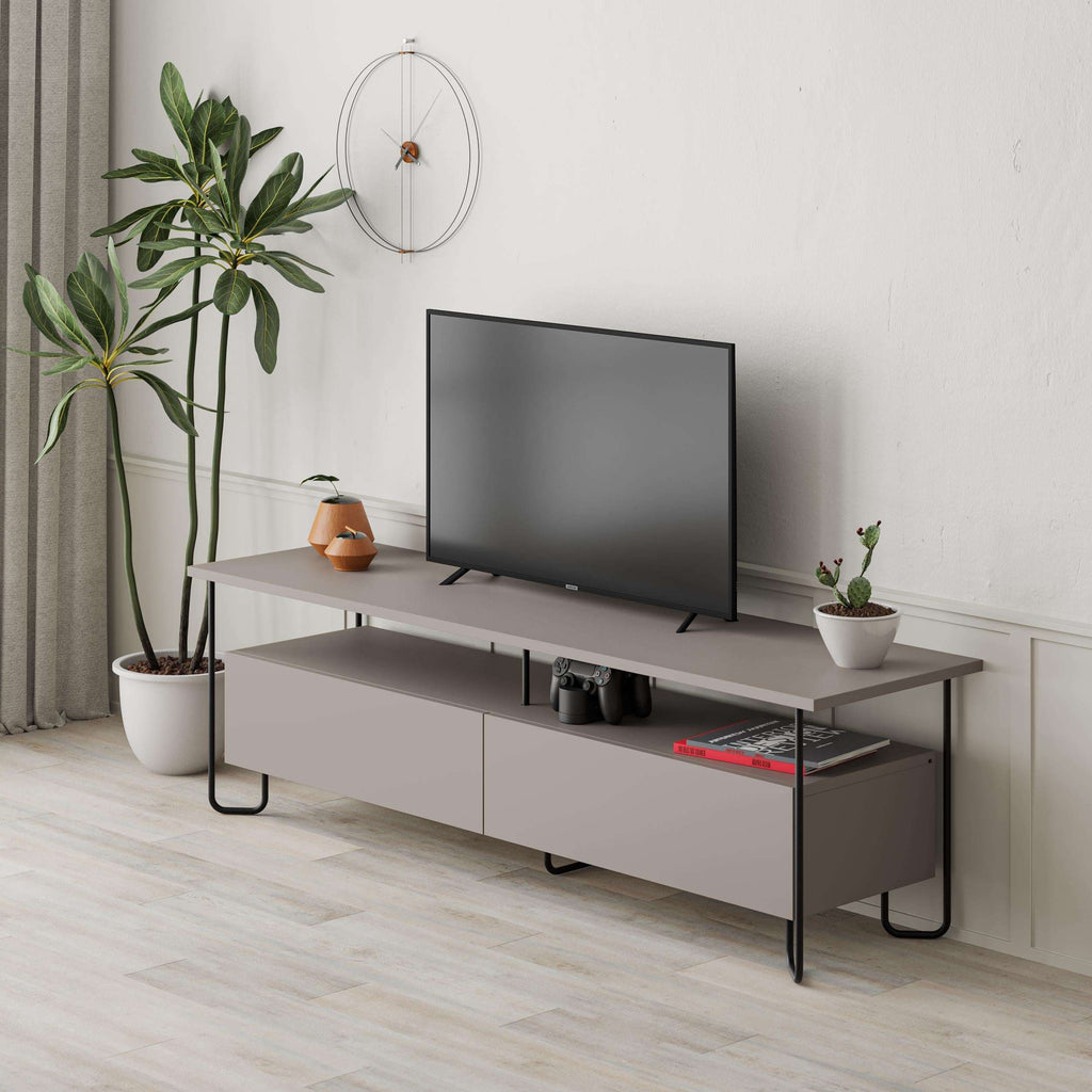 Light mocha TV unit with long drawers, open shelves, and black metal-style legs