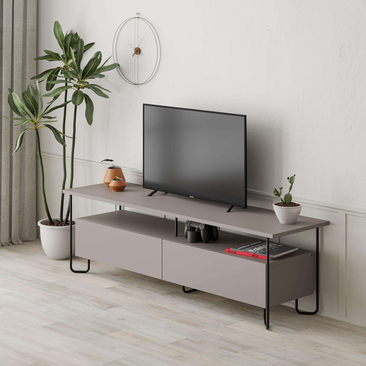 Light mocha TV unit with long drawers, open shelves, and black metal-style legs