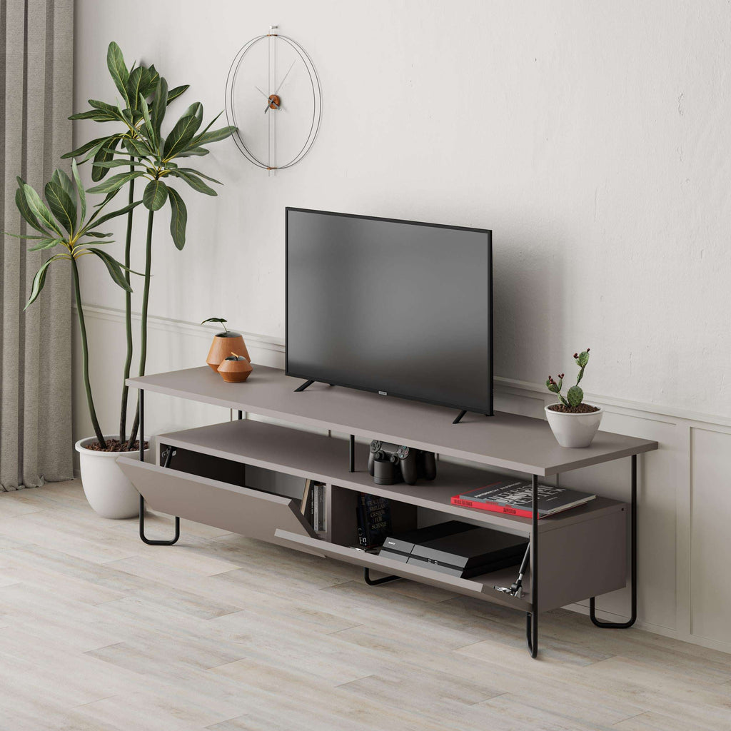 Light mocha TV console with sliding drawers, open media shelves, and black legs
