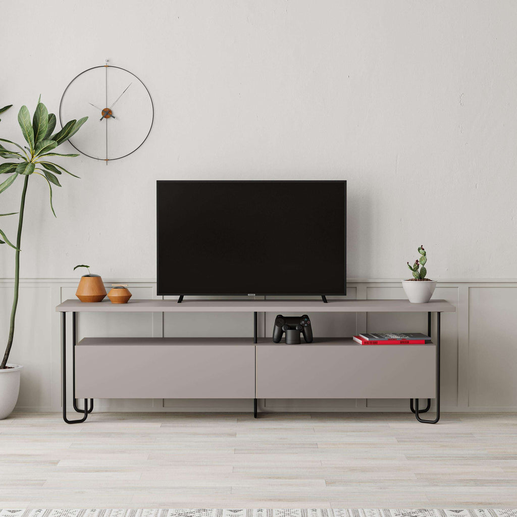 White TV unit with open center shelf, two side compartments, and metal legs