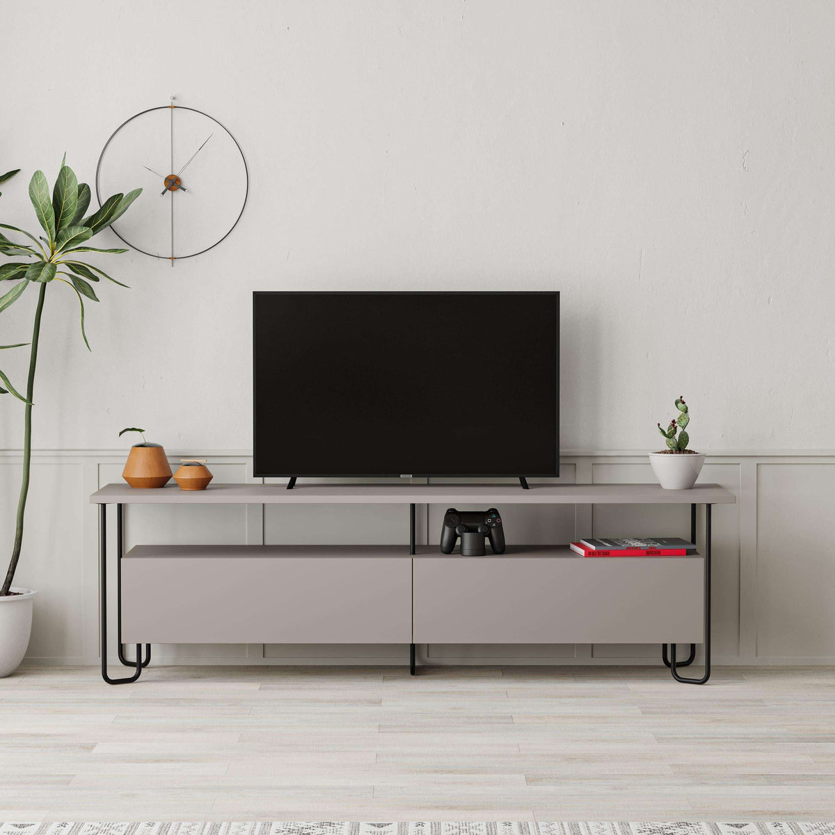 White TV unit with open center shelf, two side compartments, and metal legs