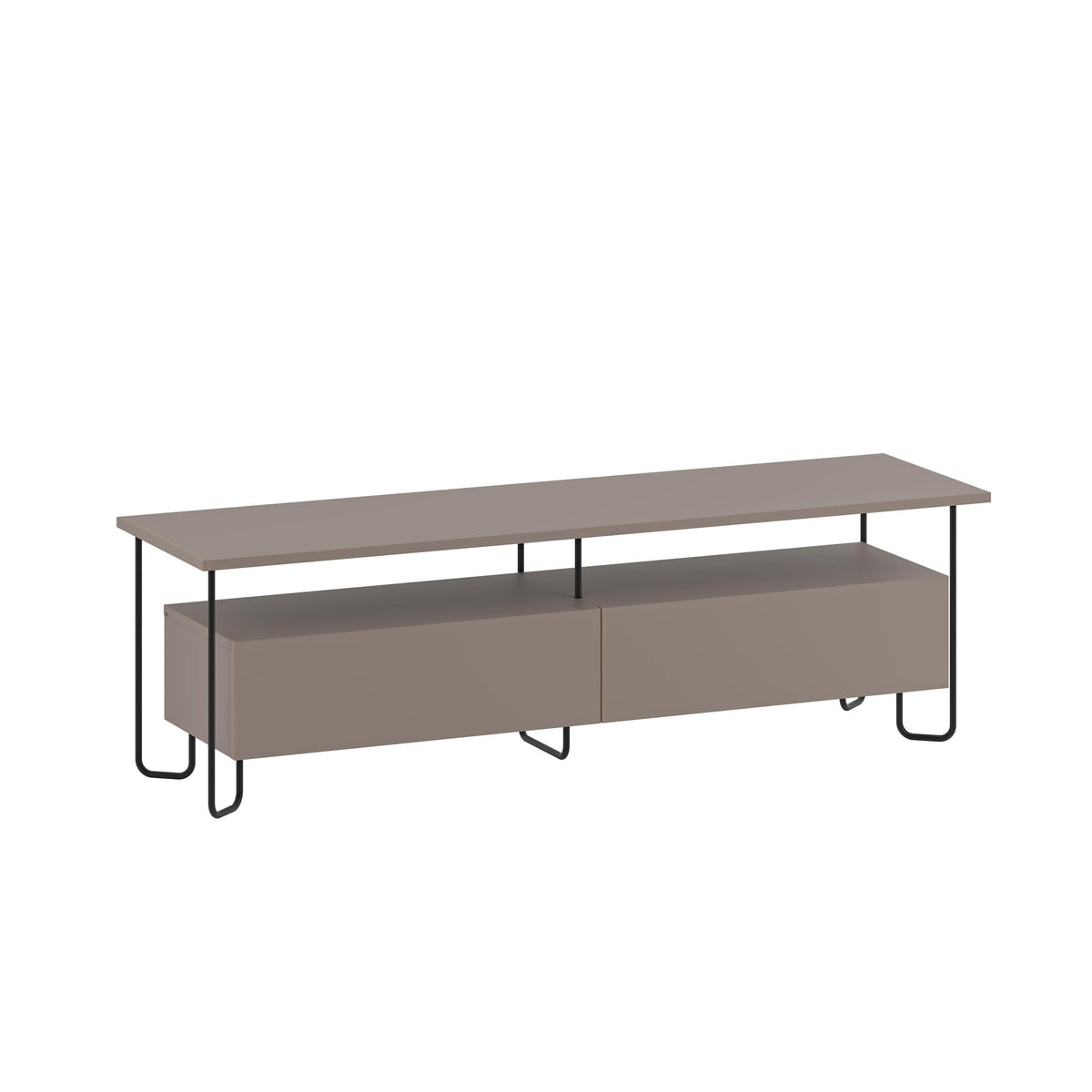 Modern TV stand with storage cabinet in light mocha finish and metal tube legs
