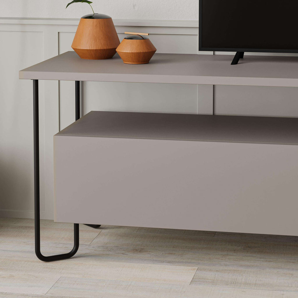 Light mocha modern TV unit with open shelves and two-tone storage cabinet