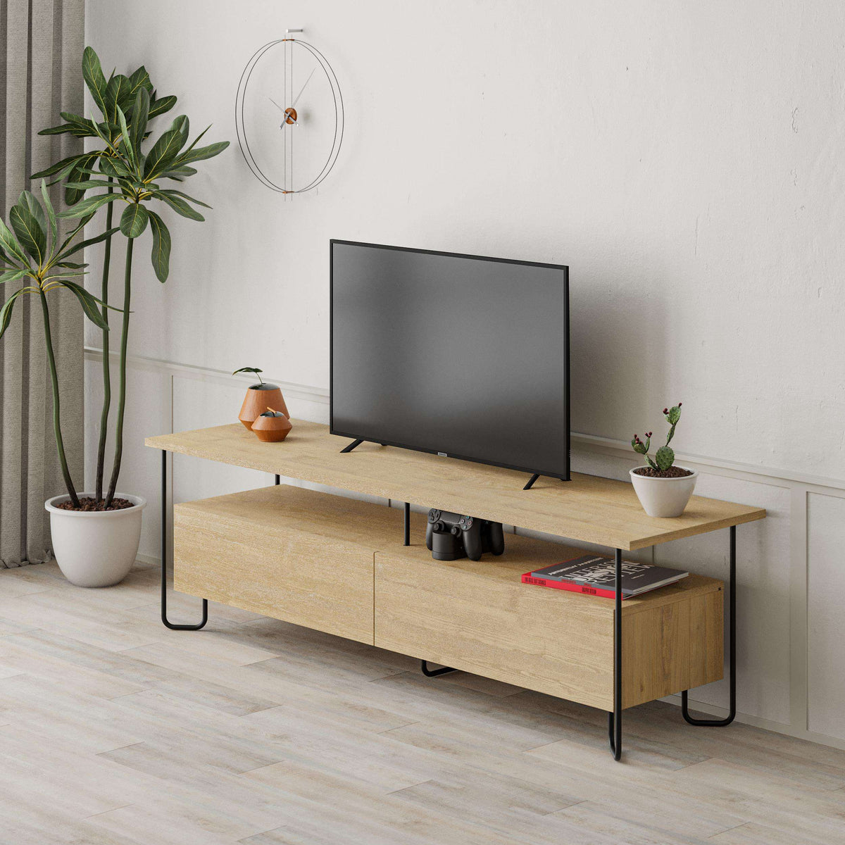 Oak modern TV unit with two cabinet doors, open shelf, and black metal-style legs